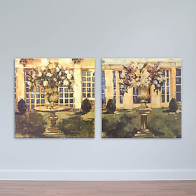 Bộ 2 tranh hoa lá in canvas – MDF phong cách sơn dầu – W1752