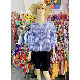 Bộ Sơ Mi Caro Xanh Đính Cúc Kèm Quần Ngố, Vải Lụa Mịn, Đồ Bộ Mặc Nhà, Đi Chơi, Công Việc…
