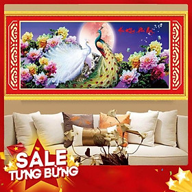 Tranh thêu chữ thập cao cấp đôi uyên ương hoa mẫu đơn KT 195x82cm