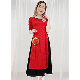 Set Áo Dài Cách Tân Gấm Đỏ Kiểu Áo Dài Nữ In Ẩn Hoa Hồng Váy Đen GOTI 3141