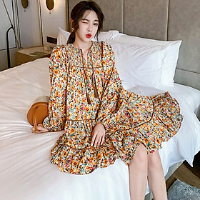 Đầm nối tầng hoa nhí vàng nâu đi chơi dự tiệc chất vải lụa cao cấp SPRING DRESS