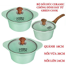 Mua  Dùng Mọi Loại Bếp Bộ nồi đúc  quánh đúc đáy từ men chống dính ceramic  Greencook GCS05 và GCS02 màu xanh ngọc và màu hồng ( chọn phân loại) gồm quánh size 18cm  nồi 20 và 24cm- hàng chính hãng