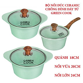 [Dùng Mọi Loại Bếp]Bộ nồi đúc, quánh đúc đáy từ men chống dính ceramic  Greencook GCS05 và GCS02 màu xanh ngọc và màu hồng ( chọn phân loại) gồm quánh size 18cm, nồi 20 và 24cm- hàng chính hãng