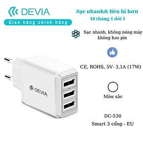 Củ sạc nhanh smart Devia 3 cổng USB - Hàng chính hãng