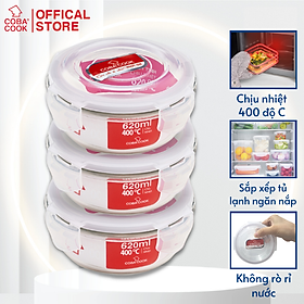 Bộ 3 hộp thủy tinh trữ thức ăn thực phẩm đựng cơm chịu nhiệt COBACOOK hộp tròn dung tích 620ml- CCR63