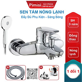 Sen Tắm Nóng Lạnh Pimisi PS-203C Đồng Thau Mạ Crom - Niken Sáng Bóng, Đủ Phụ Kiện Vòi Hoa Sen Tăng Áp Nhẹ - Dây Sen Tắm Inox - Chân Chữ Z - Cài Tay Bát Sen, Điều Chỉnh Nước Bằng Củ Gật Gù Gắn Tường Nhà Tắm | Hàng Chính Hãng