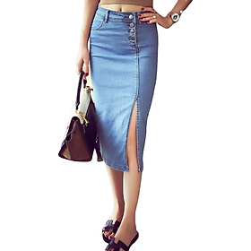Chân váy jeans midi xẻ tà Mã: VN789 - XANH NHẠT