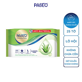 Combo 2 gói khăn ướt kháng khuẩn Paseo 25 tờ chiết xuất Lô Hội