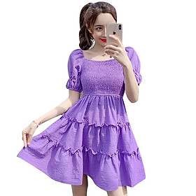 SHUANGYAN Phụ nữ mùa hè 2023 Square Neck Pleated Bubble Sleeve Thu hẹp eo Khoai tây tím Vintage Pháp Orange Terrier Dress