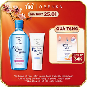 Combo Nước tẩy trang dưỡng trắng Senka All Clear Water Micellar Formula White 230ml + Sữa rửa mặt tạo bọt chiết xuất đất sét trắng Senka Perfect White Clay 50g