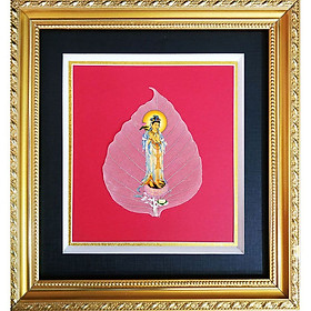 Hình Phật treo tường trang trí phòng thờ mẫu quan thế âm bồ tát, Tranh Hình Phật Quan Âm Trên Lá Bồ Đề HPB-2401