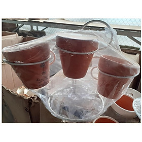 Bộ 3 Chậu Chồng Hoa, Cây Cảnh, Cây Để Bàn, Có Đế Đỡ - Màu Nâu Đất