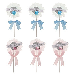 6pcs Tulle Flower Happy Birthday Cake Toppers Bowknot Decor Party Supplier