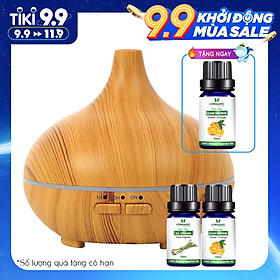 Máy khuếch tán tinh dầu giọt nước lớn gỗ vàng Lorganic FX2022 + tinh dầu sả chanh + tinh dầu cam Lorganic (10ml x2)/ Phun sương sóng siêu âm.