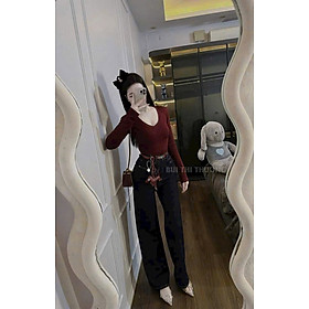 Áo thun dài tay nữ cổ tim có đệm vai HOT HIT