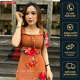 Đầm Xoè Hoa 3D Nâu Cổ Vuông Dập Ly Tay Loe Voan Cao Cấp Sandra Dress