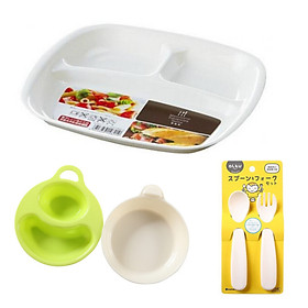 Combo đồ dùng ăn dặm cho bé (khay 3 ngăn + 2 bát + 1 bộ thìa nĩa)