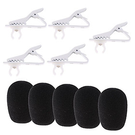 5 Pack 6mm Microphone Tie Clip with 5 Pack Windshield Foam for Mic Microphone