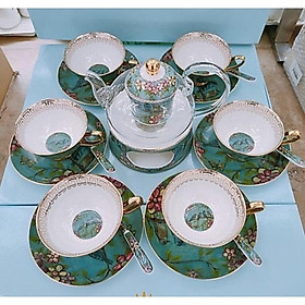 Bộ ấm chén kèm 6 đĩa lót tách pha trà hoa thủy tinh kết hợp gốm sứ xương cao cấp có đế đun và thìa hoa xanh và chim