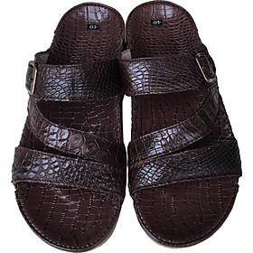 Dép nam quai chéo Trường Hải màu nâu  da cá sấu thật sang trọng sắc sảo  may viền chắc chắn đế kếp mềm dẻo  không trơn  DN0811