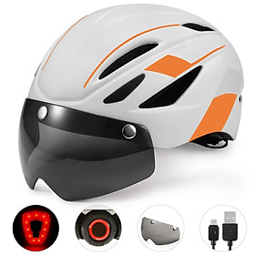 Mũ bảo hiểm đi xe đạp xe máy có đèn chiếu sáng phía sau, kèm tấm kính chống UV-Màu Trắng & cam