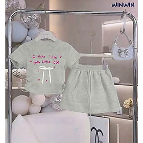 SET VÁY BÉ GÁI ÁO THUN DÂY RÚT ĐÍNH NƠ KÈM CHÂN VÁY CHỮ A TỪ 12-45KG DÀNH CHO BÉ GÁI
