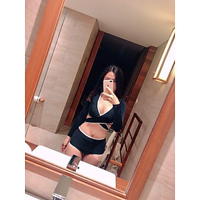 Bikini, Đồ Bơi Đi Biển Hai Mảnh Áo chéo Đen Tay Dài Viền Trắng Quấn Cạp Cao Oderi KG055