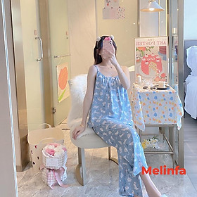 Bộ đồ ngủ mặc nhà nữ áo hai dây quần dài suông rộng chất vải lanh lụa cotton thoáng mát, đồ bộ lanh nữ mã BD0123