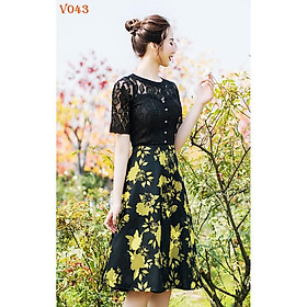 Đầm công sở thiết kế liền thân dáng xòe, váy hoa công sở sang trọng ôm eo tôn body siêu đẹp, đi làm, dự tiệc Cherry V043
