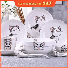 Bộ 15 món chén đĩa gốm sứ cao cấp 4 người ăn - Tặng kèm bộ đũa và miếng lót xinh xắn - Họa tiết mèo con