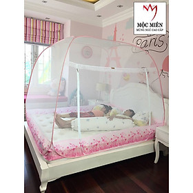 Màn Chụp Tự Bung Đỉnh Rộng Có Viền Chân Mộc Miên - Trắng Viền Hồng