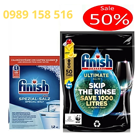 Combo Viên rửa bát Finish Quantum Ultimate 50 viên + Muối rửa bát Finish