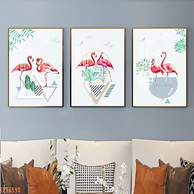 Bộ 3 Tranh Decor Phòng Khách - Tranh Canvas 3 Cặp Chim Hạc Bên Hồ