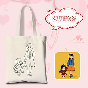 Combo 3 món BH Kids Túi vải Canvas + bộ dụng cụ vẽ 12 màu + tranh tham khảo, túi vẽ tay Graffiti cho bé theo chủ đề