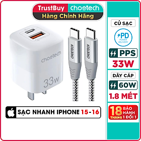 Mua Combo Củ Sạc Điện Thoại Type C 33W PPS PD3.0 CHOETECH PD5006-W Và Cáp Type C to C 60W Dài 1.8M CC0005-S - Hàng Chính Hãng