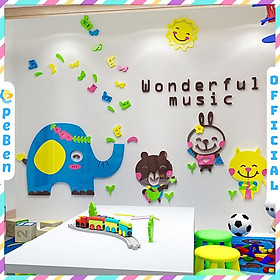 Tranh dán tường mica 3d decor khổ lớn thế giới âm nhạc cho bé trang trí mầm non, mẫu giáo, phòng cho bé