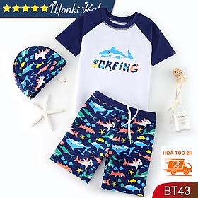 Bộ bơi đẹp cho bé trai vừa và lớn, có size đại đến 48kg, tặng kèm mũ, chất thun bơi lạnh mịn đẹp dày dặn, họa tiết sắc nét phù hợp với bé trai | BT43