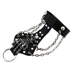 Woman Unisex Punk Rock Black Leather Skull Bracelet Chain with Finger Ring
