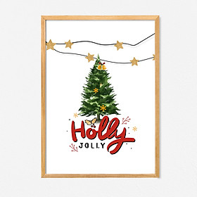 Tranh quà tặng Giáng Sinh trang trí khung kính gỗ sồi treo tường cao cấp"Holly Jolly"