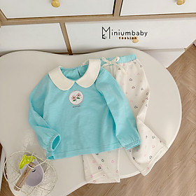 Bộ cổ sen cotton sược dài tay thu đông cho bé gái từ 1 đến 6 tuổi, 8kg đến 23kg, cao dưới 120cm mặc đi học, đi chơi, ở nhà hàng ngày Miniumbaby