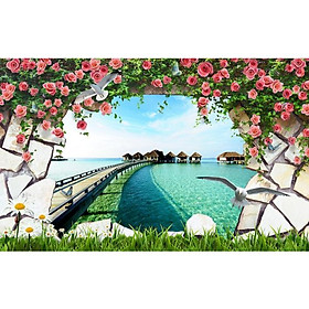 Mua Tranh dán tường 3d biển và hoa hồng ép lụa kim sa có sẵn keo CS05