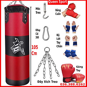 Combo vỏ bao cát  đấm bốc boxing 4 lớp dài 105cm, Ø=35cm + Găng tay đấm bốc boxing hổ vằn + Băng đa cuốn tay - Tặng thêm 7 món bao gồm dây xích + móc treo + vít nở sắt + lót tay chân