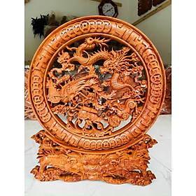 Đĩa trạm khắc tứ linh trang trí phong thủy bằng gỗ hương đá kt mặt tròn 40×4cm