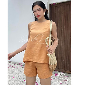 Bộ đồ linen ghile dáng yếm phối nút xẻ sau trẻ trung, thời trang phong cách trẻ