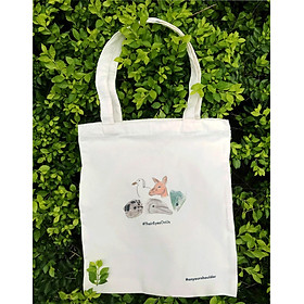 Túi vải tote nữ đeo vai in hình động vật, túi canvas