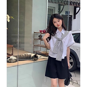 Áo Sơ Mi Trắng Cộc Tay Kèm Khăn Quàng Rời Kẻ Dáng Rộng