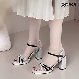 Giày sandal nữ cao gót 8 phân hàng hiệu rosata hai màu đen xám ro565