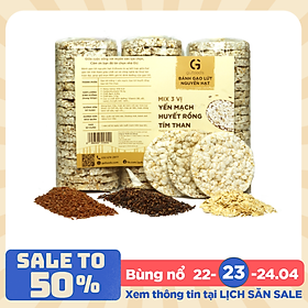 Bánh gạo lứt ăn kiêng GUfoods (500g = 54 bánh) - Mix 3 vị (Yến mạch + Huyết rồng + Tím than) - Hỗ trợ Giảm cân, Tập Gym, Thực dưỡng, Eat clean