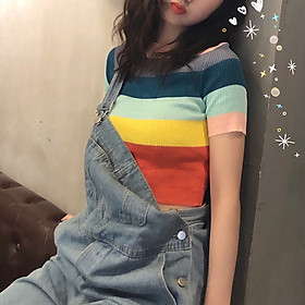 Áo Thun Tay Ngắn Cổ Tròn Họa Tiết Kẻ Sọc Cầu Vồng Phong Cách Retro