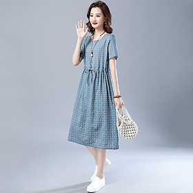 Đầm linen công sở ngắn tay, Đầm suông rút eo Haint Boutique Da168
